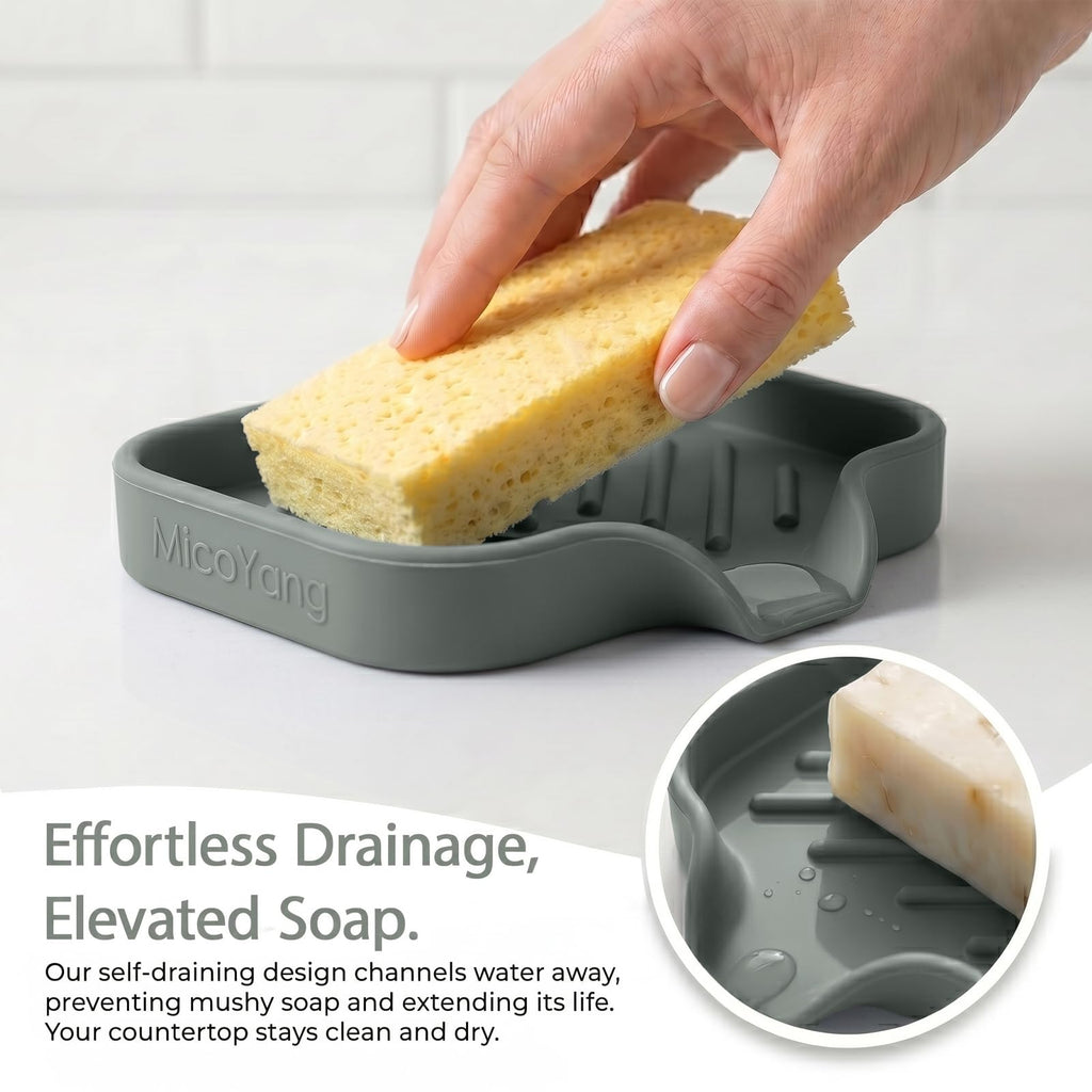 MicoYang Silicone Soap Dish with Drain Spout, Self-Draining Sink Organizer Tray for Bathroom and Kitchen, Sponges, Dispensers and Soap Holder, Non-Slip and Dishwasher Safe, Grey (Compact, 4.9"×3.2")