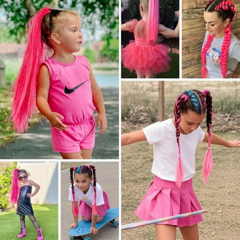 Hot Pink Girls Hair Accessories Tinsel Ponytail Extensions for Women, Braiding Synthetic Hair Pieces With Rubber Band Pony tail Daily Party Festival Rave Wacky Crazy Hair Extensions 20 inch