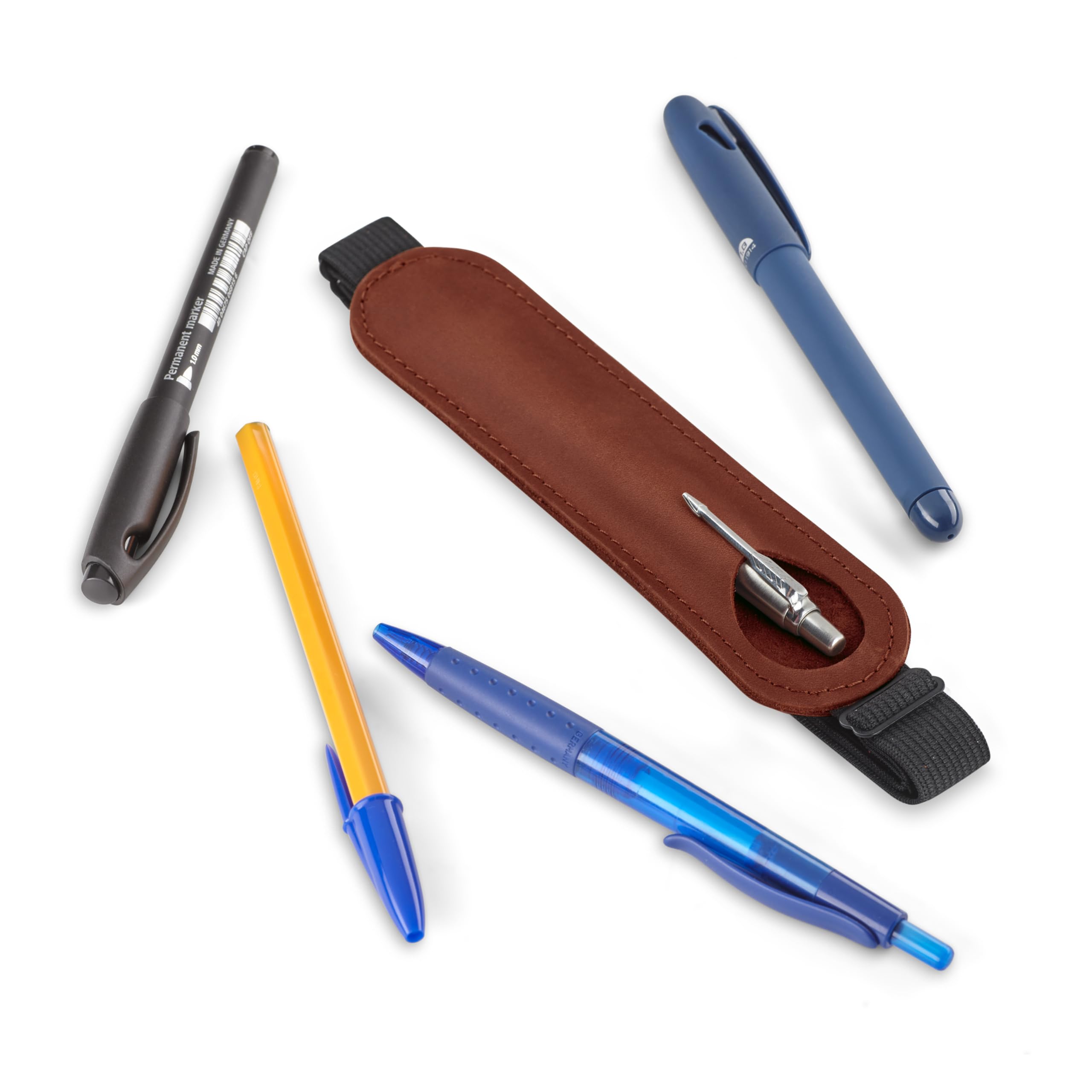 MAKYN Leather Adjustable Pen Holder for Journals, Notebooks, Planners, Books, Pencil Sleeve Case Pouch, Elastic Pen Holder for Notebook, Soft Fountain Pen Case (Cognac)