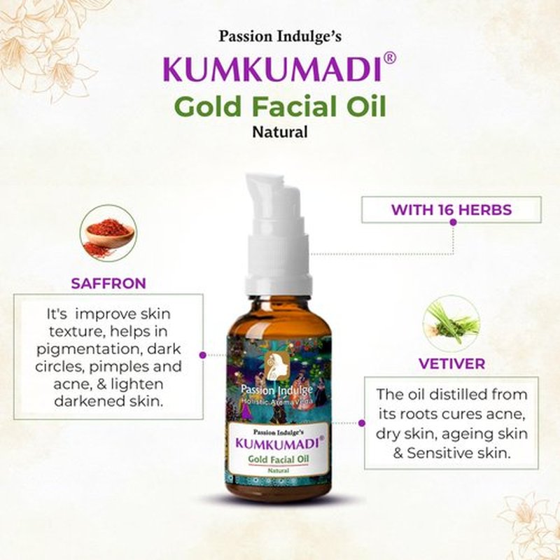 Passion Indulge Kumkumadi Gold Tailam for Face | Radiant & Revitalizes Skin – Ayurvedic Face Oil with Saffron, Vetiver, Essential Oils & 16 Herbs | Reduces Dark Spots & Signs of Aging – 0.33 fl oz