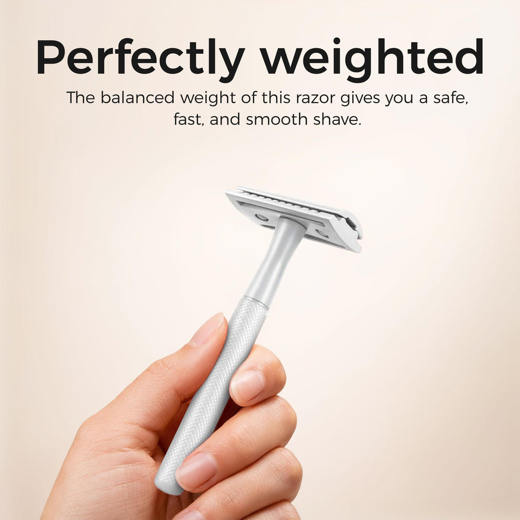 ZOMCHI Double Edge Safety Razor for Men & Women, Metal Razor with 5 Double Edge Safety Razor Blades, Single Blade Razor, White