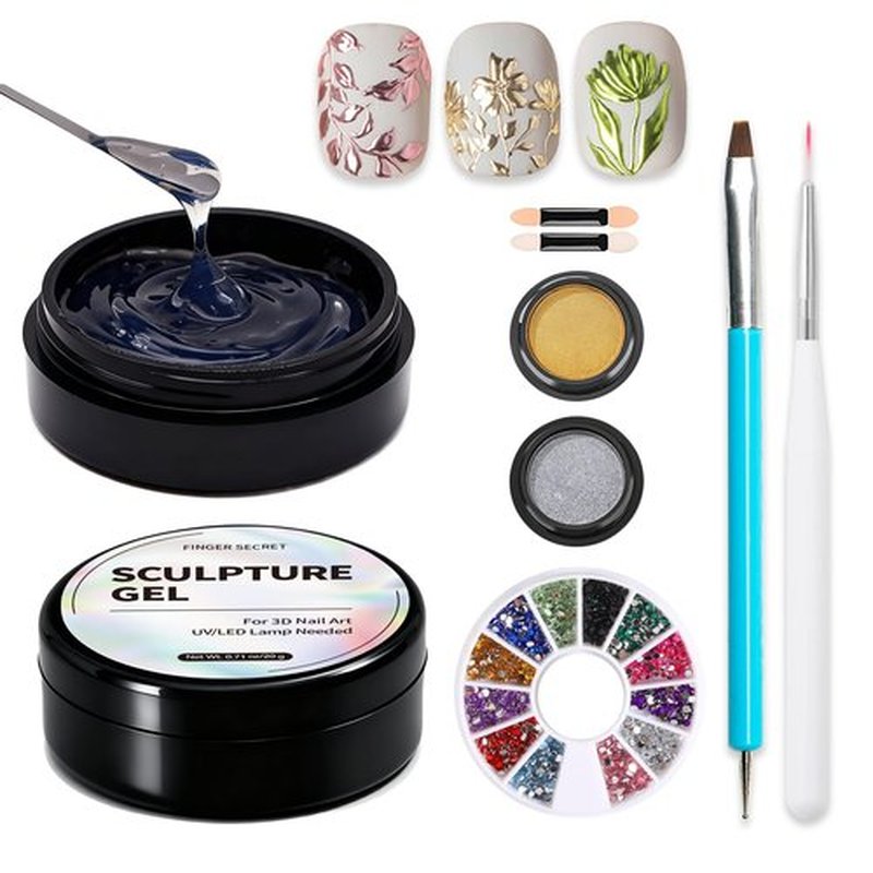 Finger Secret 3D Sculpting Gel Kit – 2×20g Nail Art Gels with Dual Pens, Gold & Silver Chrome Powders, Brushes & Rhinestone Tray for DIY Nail Design at Home or Salon