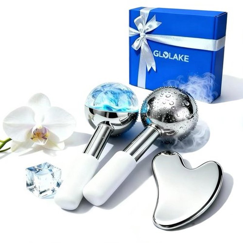 GLOLAKE Ice Roller for Face &Gua Sha Facial Tools, Stainless Steel Ice Roller for Depuffing, Lymphatic Drainage, Fine Lines&Collagen Boost on Face&Body, Valentines Day Gifts for Her/Him, at Home Spa
