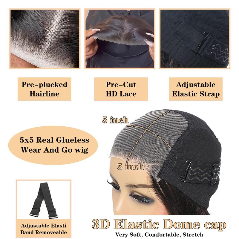 Wear and Go Glueless Wigs Human Hair Pre Plucked Pre Cut Loose Deep Wave 5x5 HD Closure Wigs Human Hair 200% Dentisy 12A Glueless Wig Human Hair Bleached Knots Loose Wave Wig (22 Inch)