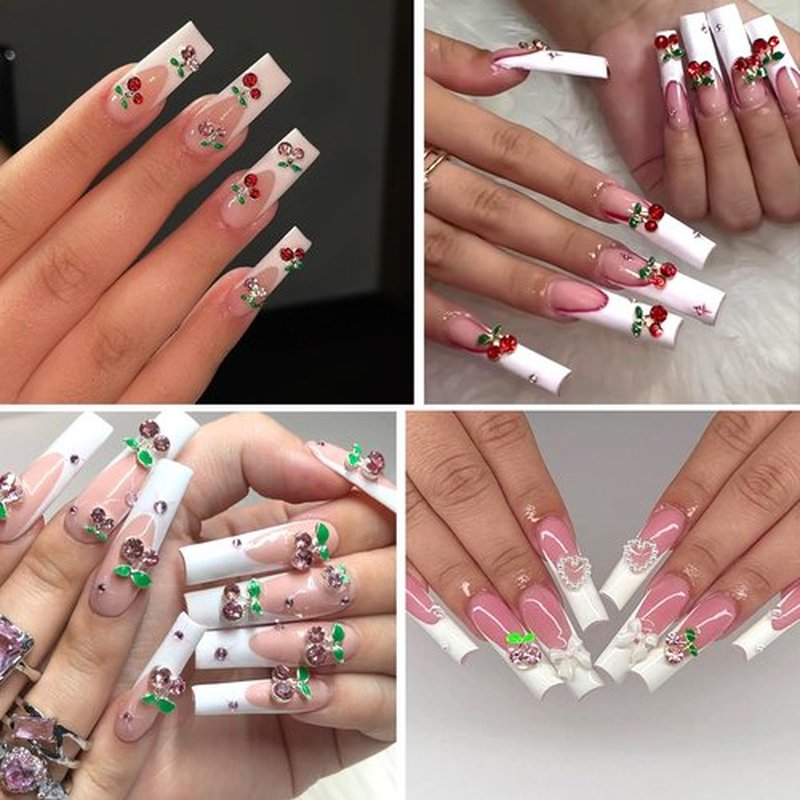 HNUIX 3D Nail Charms - Multiple Shape, Shiny Gems,Pink & Red & White, Flowers, Resin Bows Heart, Flat Back Cherry Nail Rhinestones, for Nail Art, DIY Manicure Decor