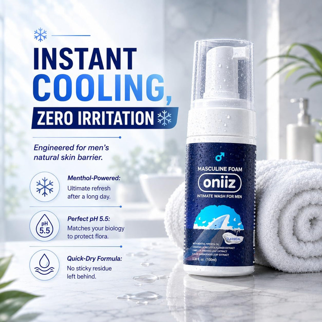 ONIIZ Masculine Foam Men’s Intimate Wash for Odor Control, pH Balanced Cleanser for Sensitive Skin with Green Tea, Aloe & Chamomile - Classical (Fresh Cooling Feel), 3.38 fl oz