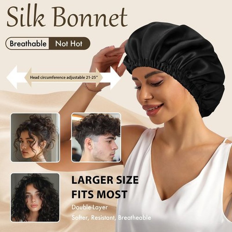 Doitory Bonnet for Sleeping Women & Men, Double Layer Silk Bonnet, Soft Satin Lined Hair Bonnets Sleep Shower Cap for Natural & Curly Hair(Black)