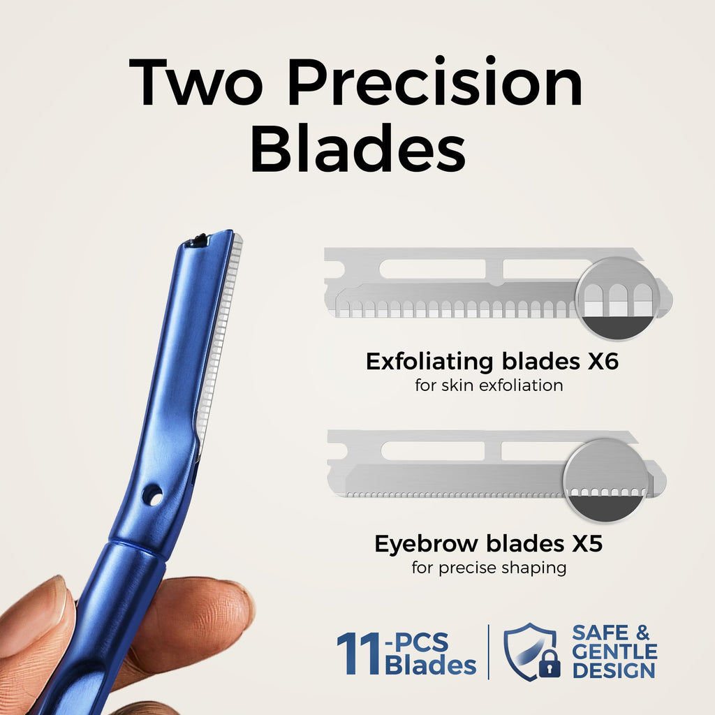 ZOMCHI Dermaplane Razor, Eyebrow Razor and Face Razors for Women & Men, Reusable Eyebrow Trimmer with 11 Blades, Eyebrow Shaver with Protective Silicone Cap - Matte Blue