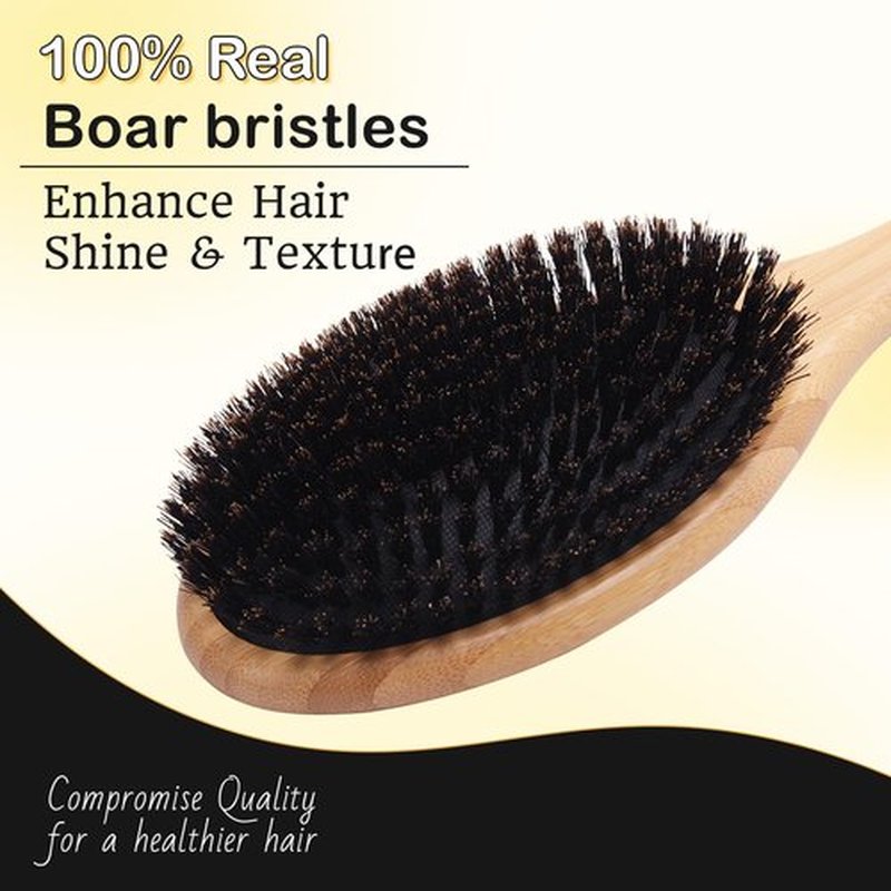 OZFIT 100% Boar Bristle Hair Brush - Natural Bamboo Hair Brush for Men & Women, Promotes Hair Growth, Includes Travel Bag & Cleaner