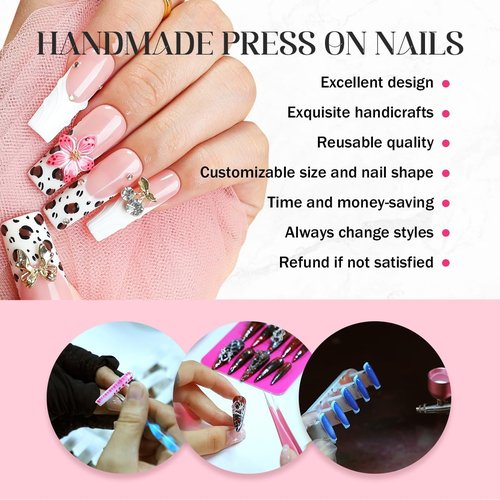 Flower Press on Nails - Long Square Handmade Press on Nails Thick Acrylic and Muti-Layer Gel False Nails 3D Floral Stick on Nails Leopard French Tip Fake Nails for Women DIY Art Decor (M)