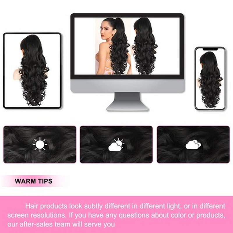 ALXNAN Ponytail Extension,24 Inch Claw Clip in Long Curly Wavy Black Ponytail Hair Extension Jaw Clip on Pony Tails Hairpiece for Women