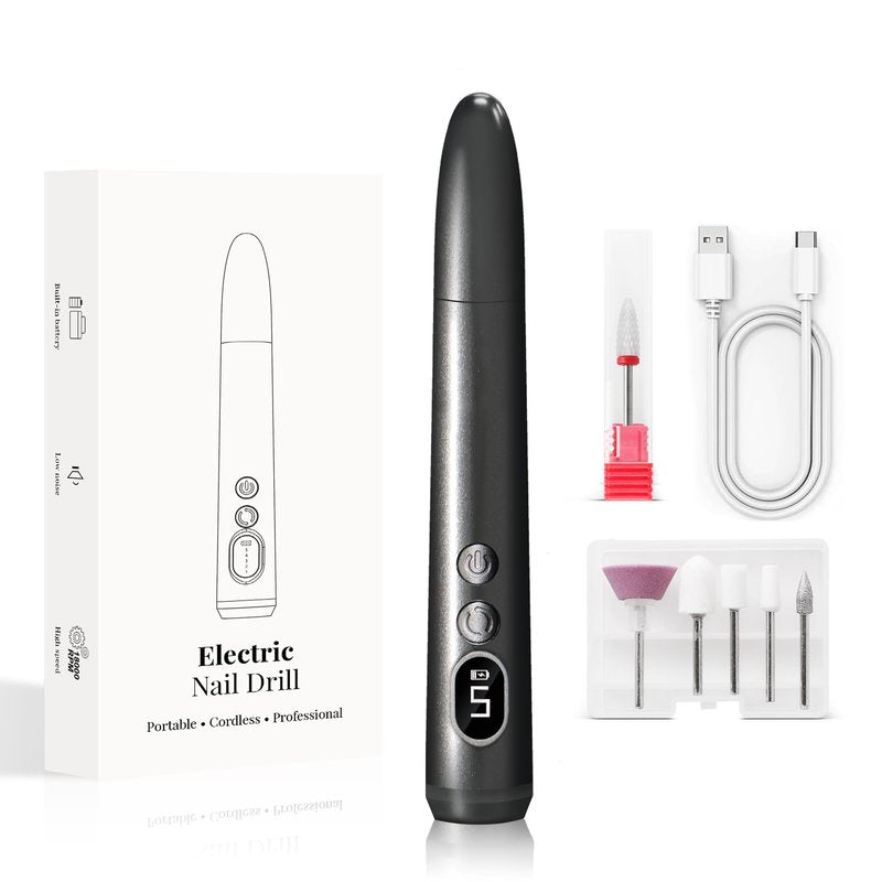 Unnees Cordless Electric Nail Drill Kit with 5 Adjustable Speeds, 6 Premium Bits & Led Light. Perfect for Gel/Acrylic/Dip Nails, Manicures, Pedicures & Pets, Portable & Professional (Grey)