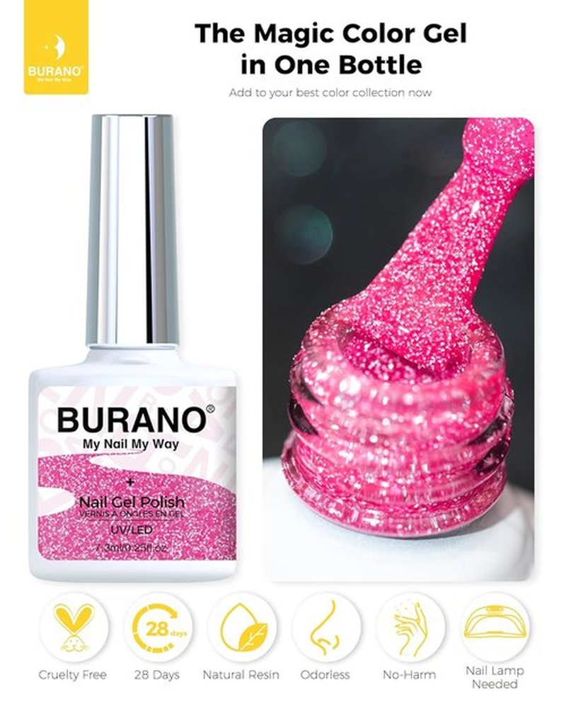 BURANO Hot Pink Reflective Glitter Gel Nail Polish - UV LED 7.3ml Holographic Sparkle for DIY Nails