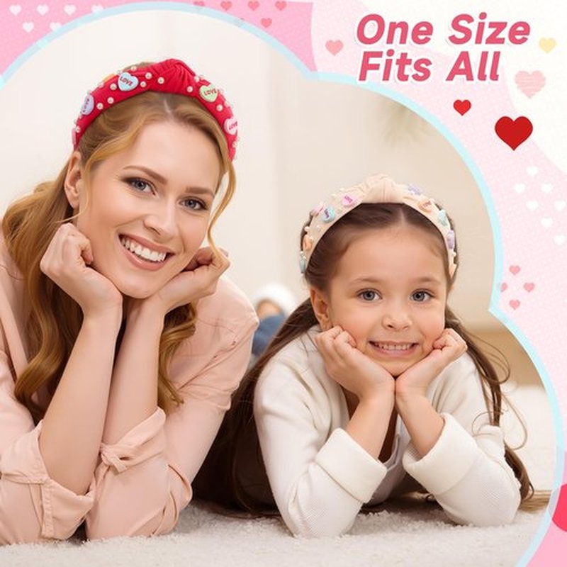 Hoteam 6 Pieces Valentine Headband for Women Beaded Love Heart Headband Pearl Rhinestone Crystal Jeweled Knotted Hairband for Valentine Hair Accessories Gifts(Red, Rose Red, White)