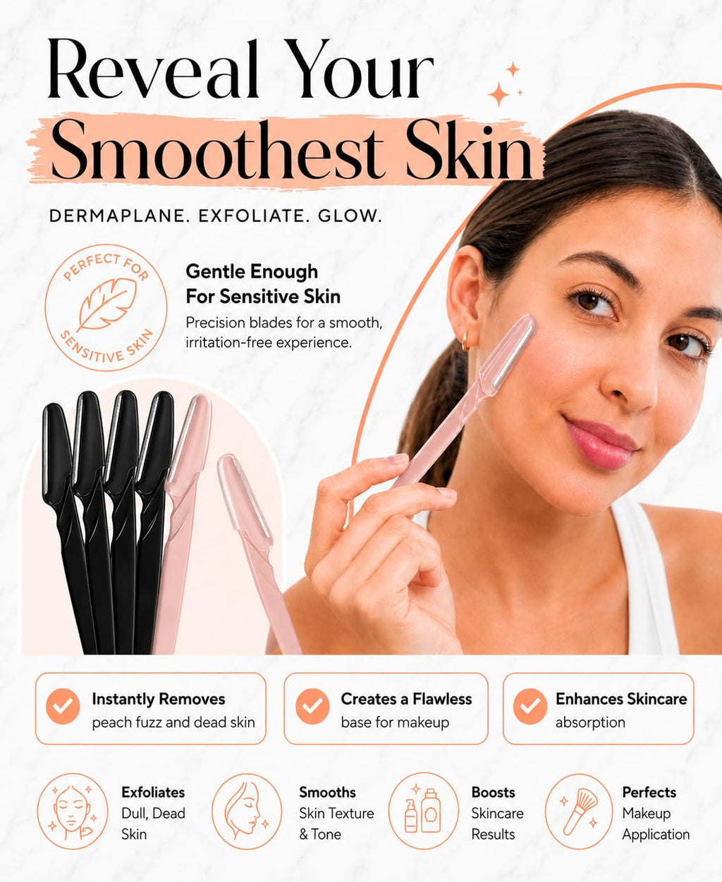 Abiding Essentials Dermaplane Razor for Women & Men – Precision Hair Remover & Exfoliating Face Shaver, Eyebrow Trimmer – Luxurious At-Home Spa Skincare Set (Premium Black/Rose Gold) 10pcs