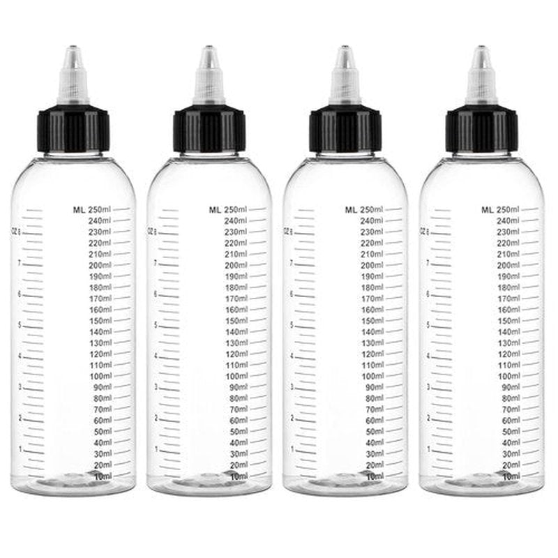 Segbeauty 8.5oz Twist Top Applicator Bottle, 4pcs 250ml Measured Hair Dye Bottles, Clear Empty Hair Oil Bottle with Ratio Graduated Scale, Hair Color Squeeze Bottle Application Bottles for Hair Dyeing
