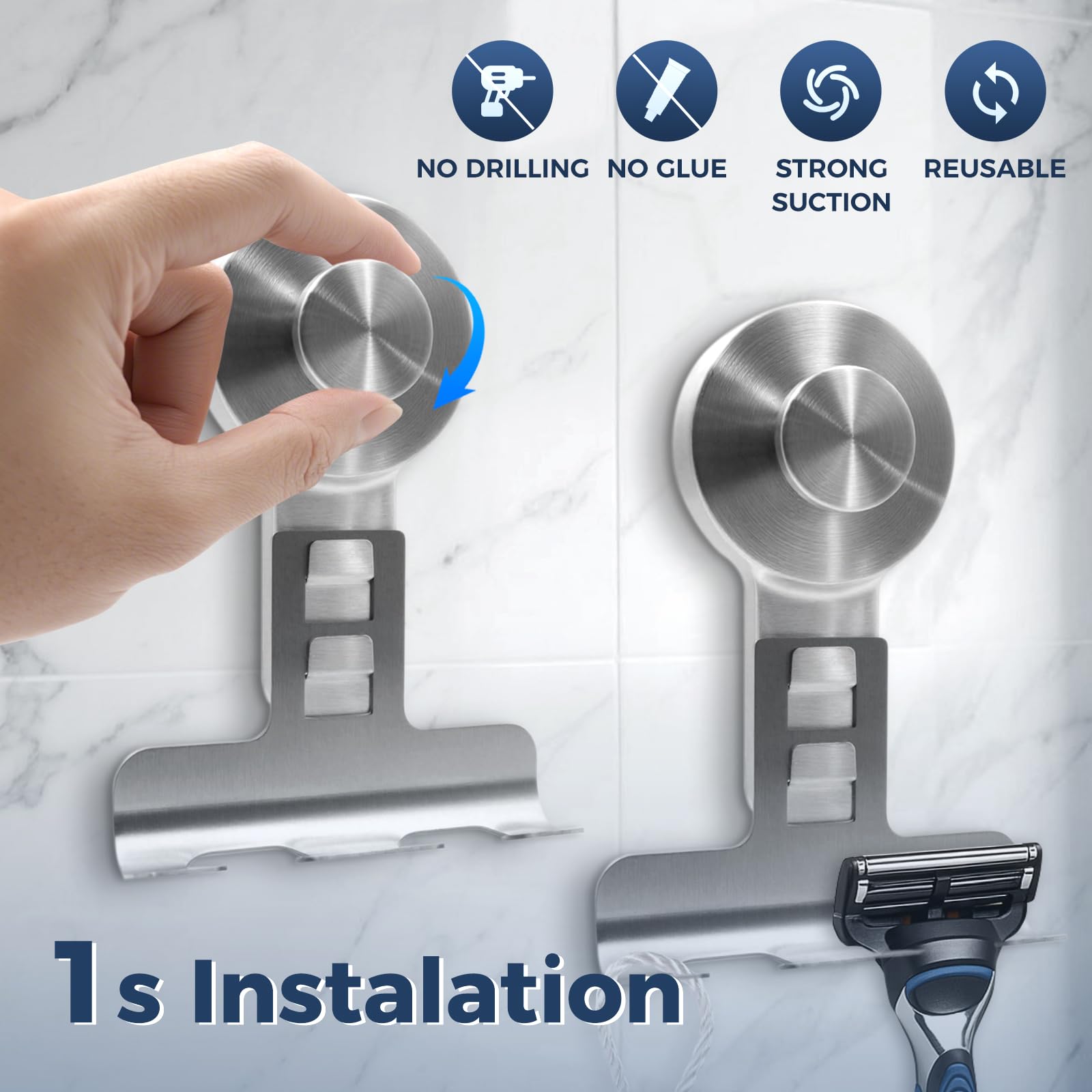 WingWider Suction Cup Razor Holder for Shower Wall 2 Pack,Heavy-Duty 15lbs Suction Hooks for Razor,Towel,Phone,Loofah, Removable Damage-Free Metal Shower Hook,Shaver Holder(Silver)