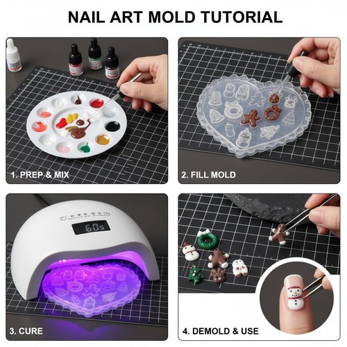 Pizadix 4 Pcs Christmas Silicone Nail Art Molds for Women Resin Nail Design