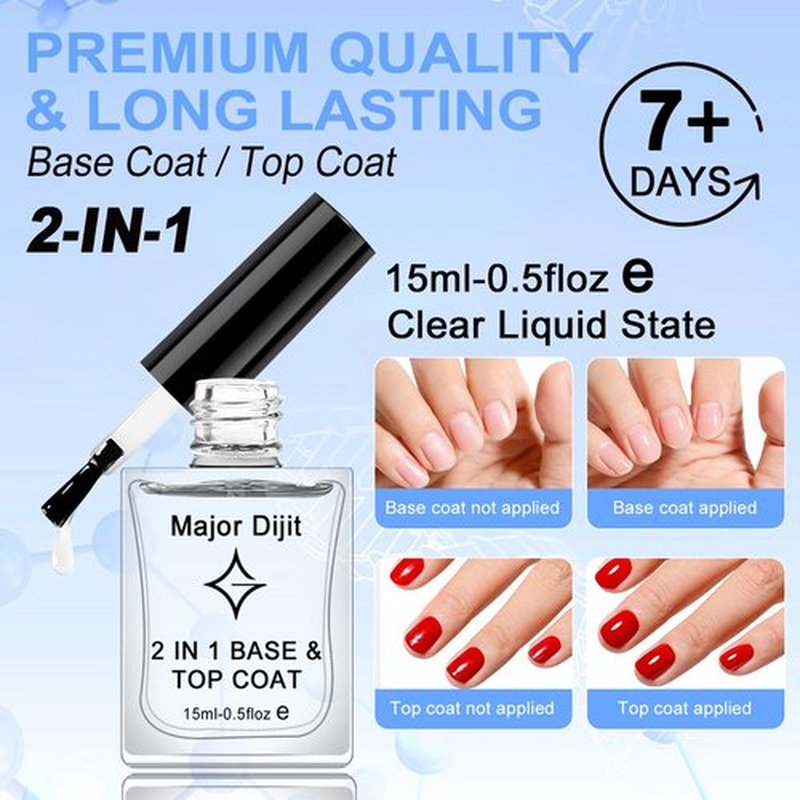 Major Dijit Clear Base & Top Coat 2-in-1 Nail Polish - Quick Dry, Long-Lasting High Gloss Formula | 0.5 Fl Oz
