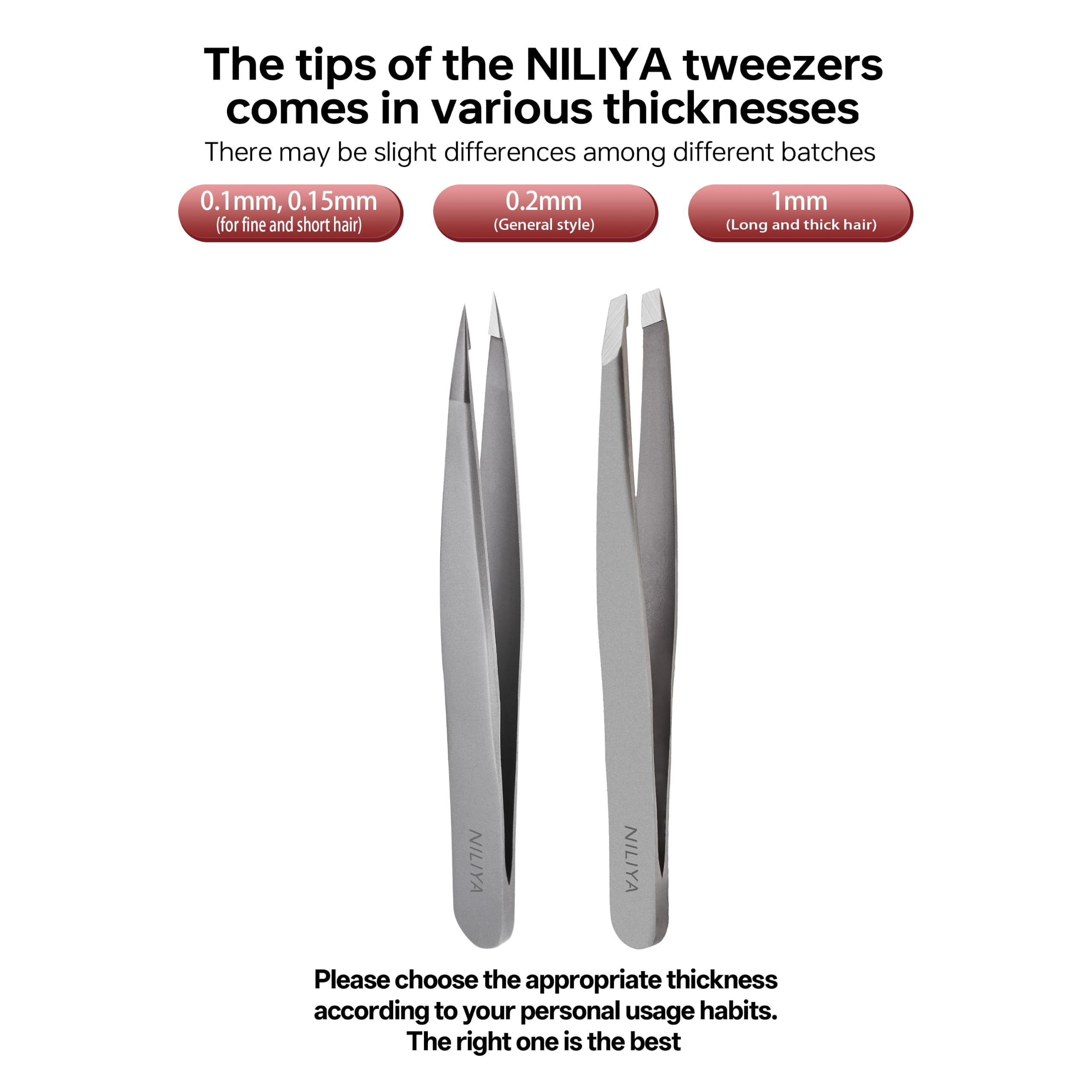 NILIYA Pointed Tweezers for Women Facial Hair, Professional Fine Point Eyebrow Tweezers with Comfortable Handle, Ingrown Hair and Splinter Removal, With Travel Case