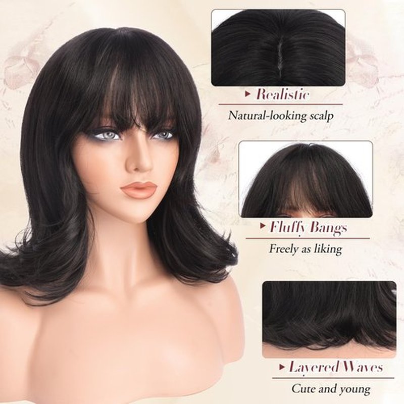 FESHFEN Shoulder Length Bob Wigs with Bangs for Women - Dark Brown Natural Layered Wavy Synthetic Wig For Daily Party Costume Use 14 Inch