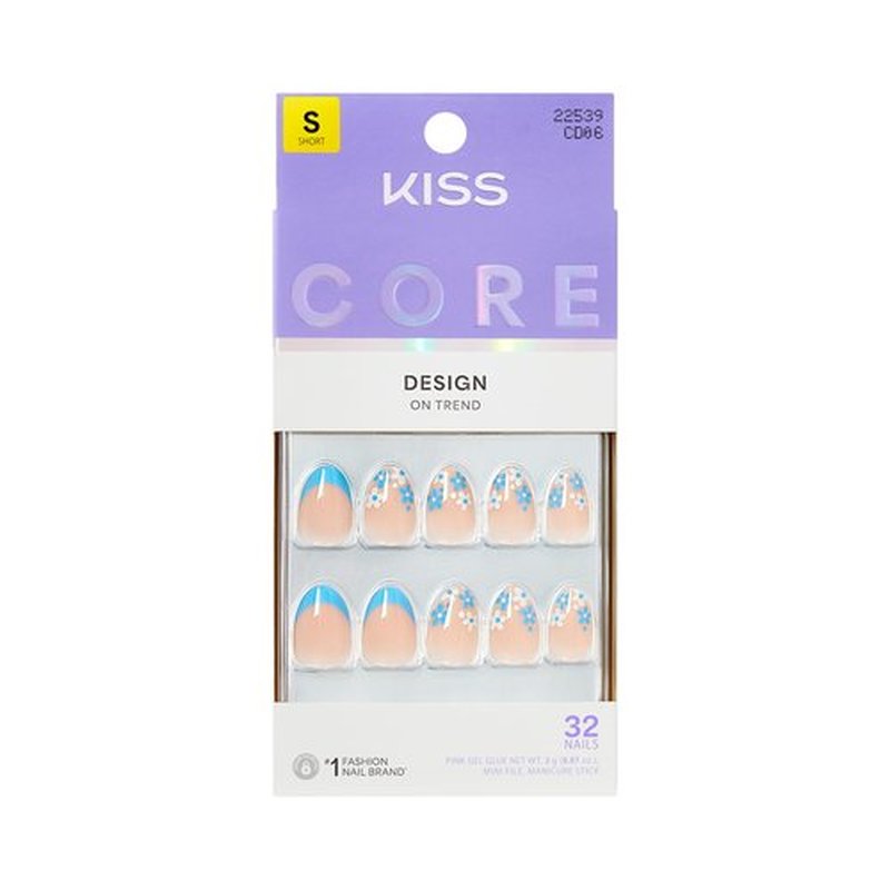 KISS CORE Design Press On Nails Almond, Tune, Blue, 32 Count