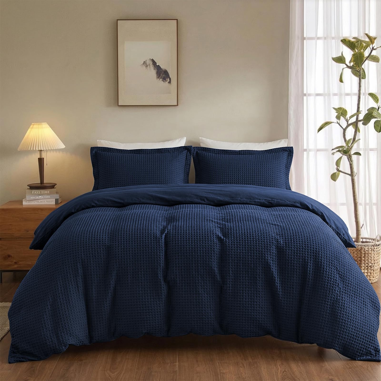 Easthome Waffle Weave Cotton Duvet Cover King Size - 100% Cotton Duvet Cover Set for All Season, Textured PureWoven Breathable Bedding Sets 3 Pcs with 2 Pillow Shams, Zipper, 4 Conner Ties,Navy Blue