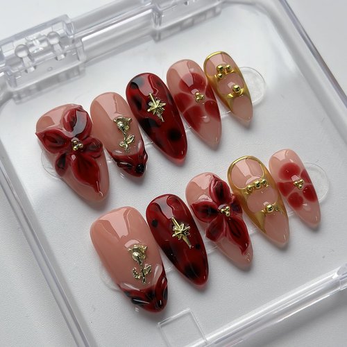Luxury Press on Nails Medium Almond Handmade 3D Unique Reusable ABS Material Fake Nails French Tip False Nails with Designs Red Floral Glossy Glue on Nail Thick Acrylic Nail(M)