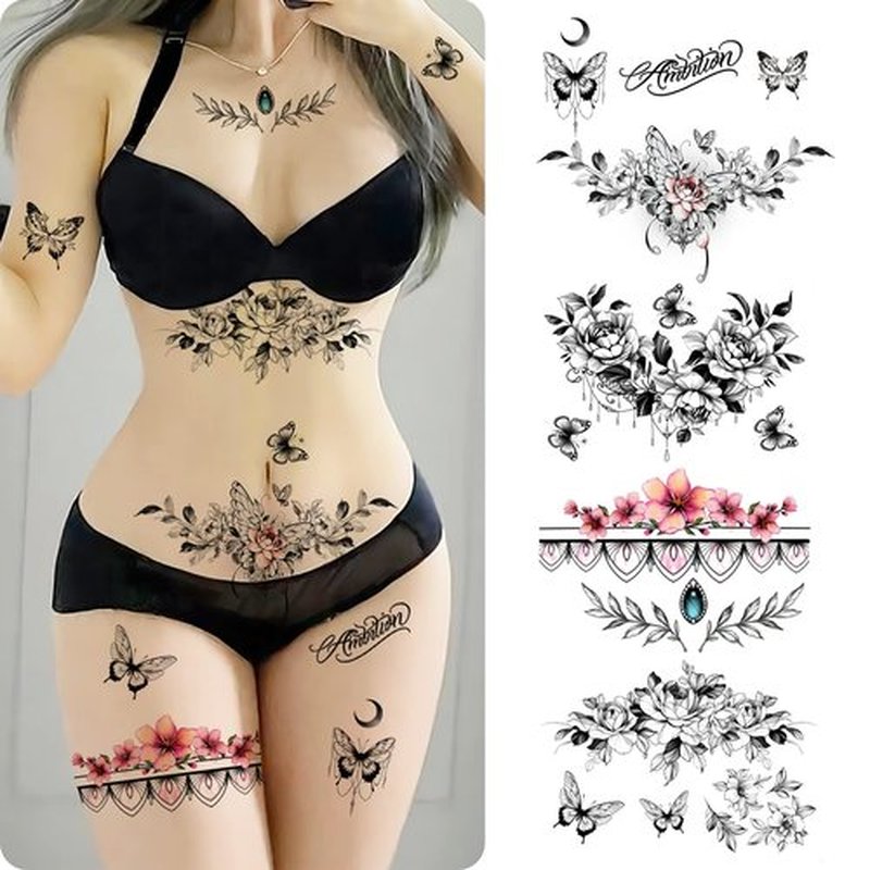 ROARHOWL Women Sexy Temporary Tattoo Sexy Tattoo Set Beautiful Exquisite 3D Realistic Flowers, Butterfly, Abdominate, Chest, Waist and Back Applied Fake Tattoo for Girls ((Design 3))