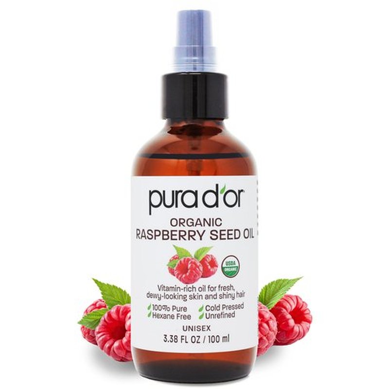 PURA D'OR 3.38 Oz ORGANIC Raspberry Seed Oil - 100% Pure USDA Certified, Cold Pressed Unrefined, Hexane-Free, Premium Grade - Sun Protection For Skin, Body & Hair
