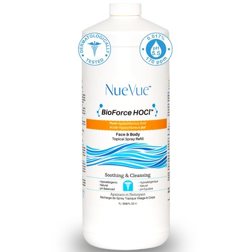 BioForce HOCl Pure Hypochlorous Acid Spray Refill for Face & Body (33 Oz) - Acne-Prone Skin & Eczema, Piercing aftercare, Made in Canada, Gentle Skin Cleanser & Toner, pH Balanced, Non-comedogenic