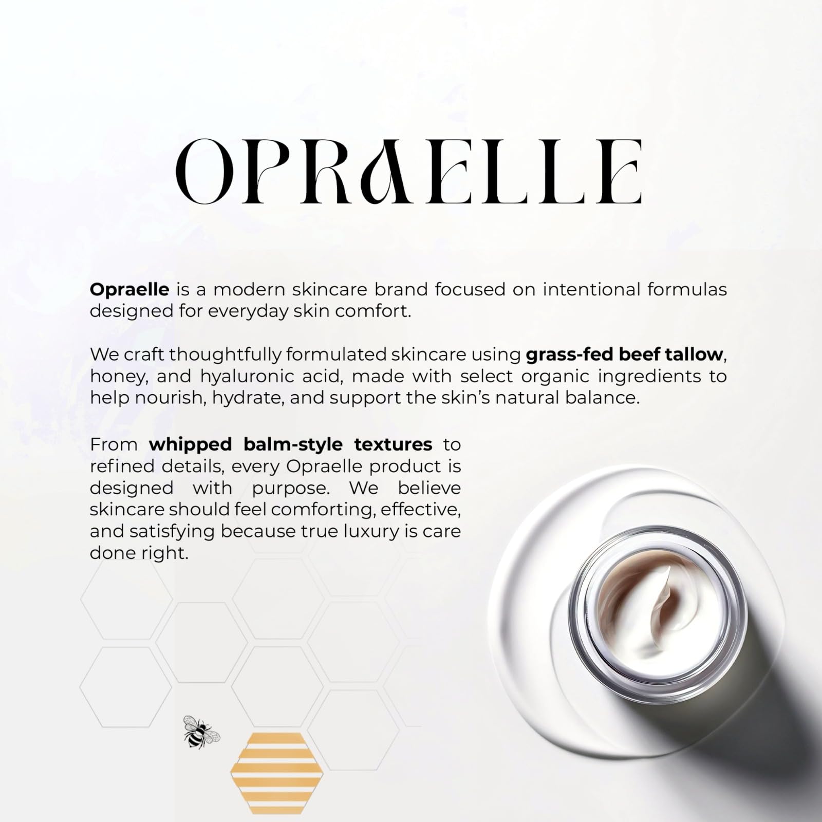 Opraelle Organic Grass-Fed Beef Tallow Balm with Raw Honey - Moisturizing Cream for Soft, Smooth Skin All-Natural Moisturizer (4oz with Applicator)
