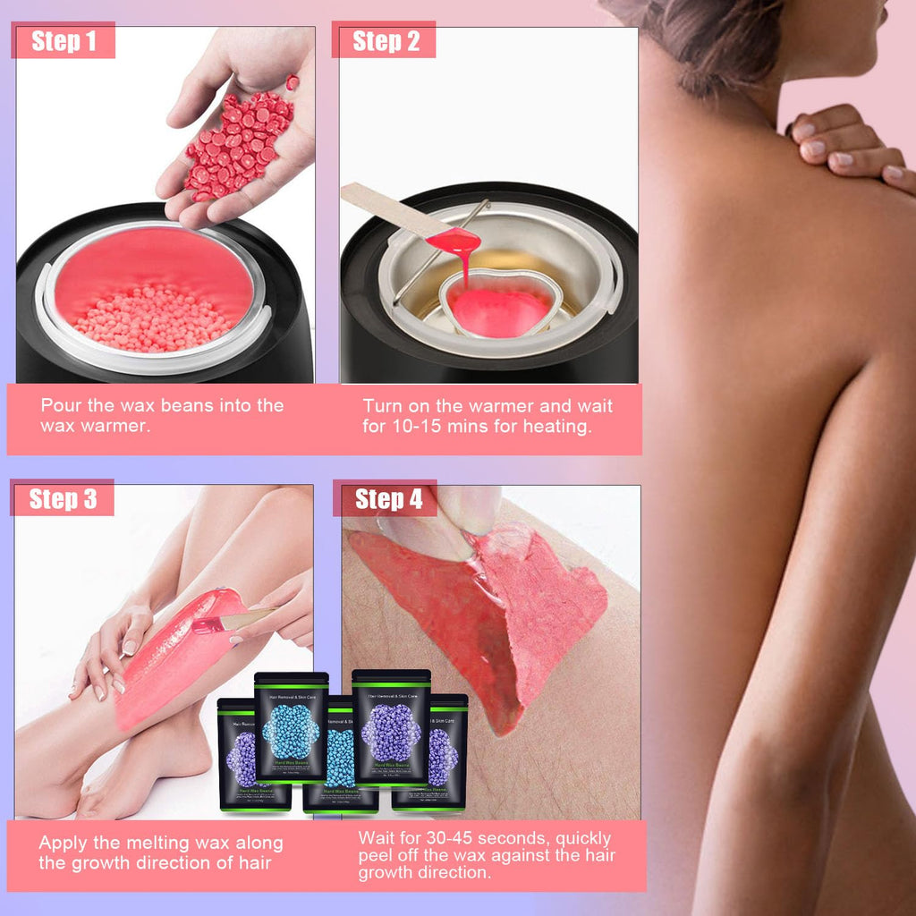 Auperwel Wax Beads for Hair Removal 1.1 lb (17.6 oz), Hard Wax Waxing Beads Kit for Sensitive Skin Brazilian, Face, Bikini, Eyebrow, Legs, Painless for Women Men, 5 packs with 10 Sticks