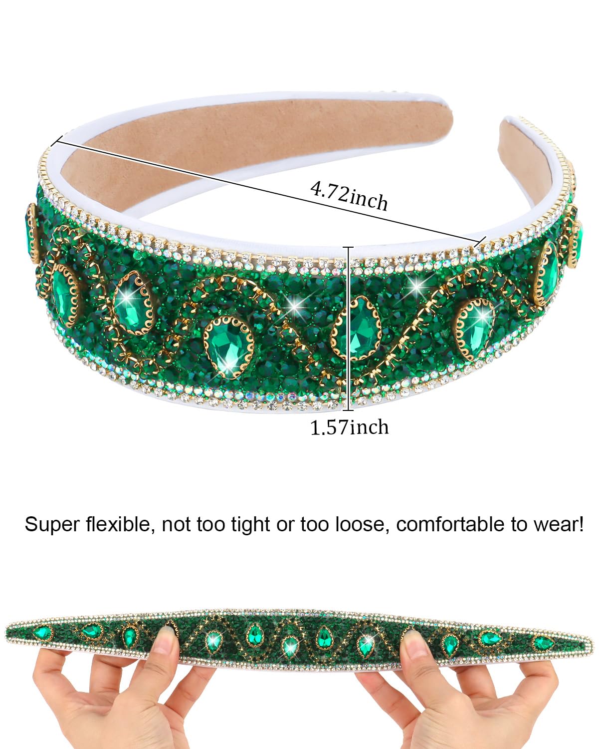 Wecoe Green Rhinestone Headband Women St Patrick's Day Wide Fancy Sparkly Bling Sequin Glitter Crystal Jeweled Diamond Embellished Headband Hairband Holiday Formal Hair Accessories Gifts