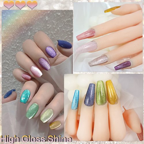 AHAMIOU Rainbow Holographic Cat Eye Gel Nail Polish - Magnetic Gel Polish with Rainbow Holographic Shine Effect - One Magnetic Stick (Set-8PCS)