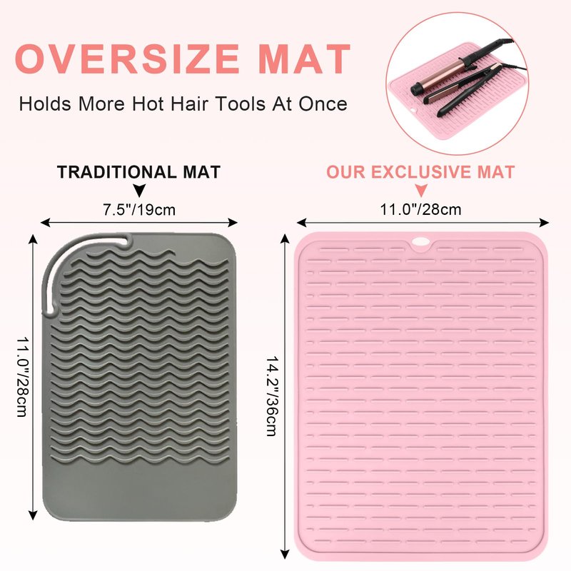 WRORUNER Oversize Silicone Heat Resistant Mat for Curling Irons, Flat Irons, Hair Straighteners and Hot Hair Styling Tools, Portable Hot Tools Cover Pad for Travel Vanity Salon(14.2" x 11.0")