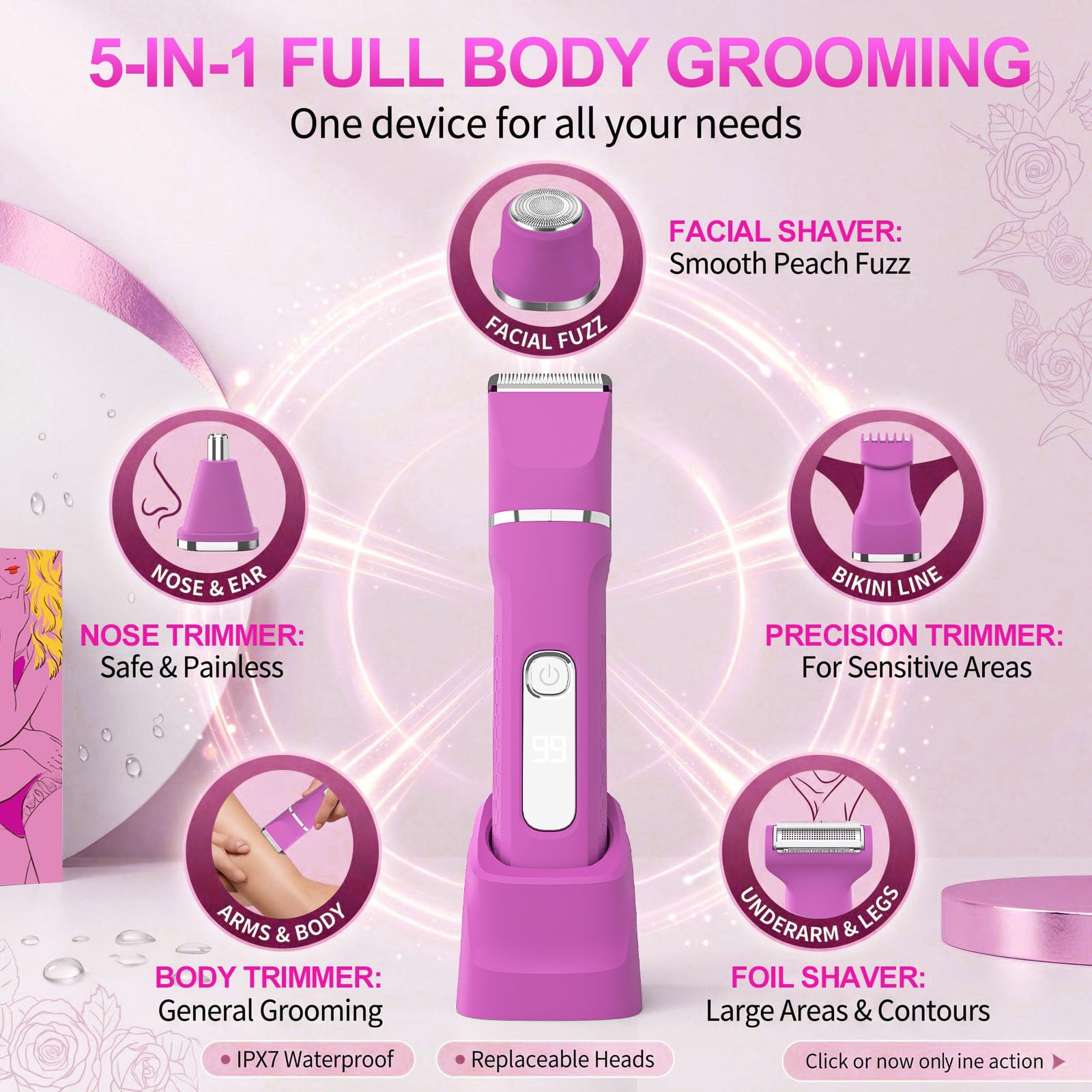 KINGTEE Bikini Trimmer for Women,Electric Shaver for Women, IPX7 Waterproof Razor Shaver,Women's Electric Razor,Intimate Shaver for Women,with 5 Blades,Charging Cable,Recharge Dock（Rose Pink