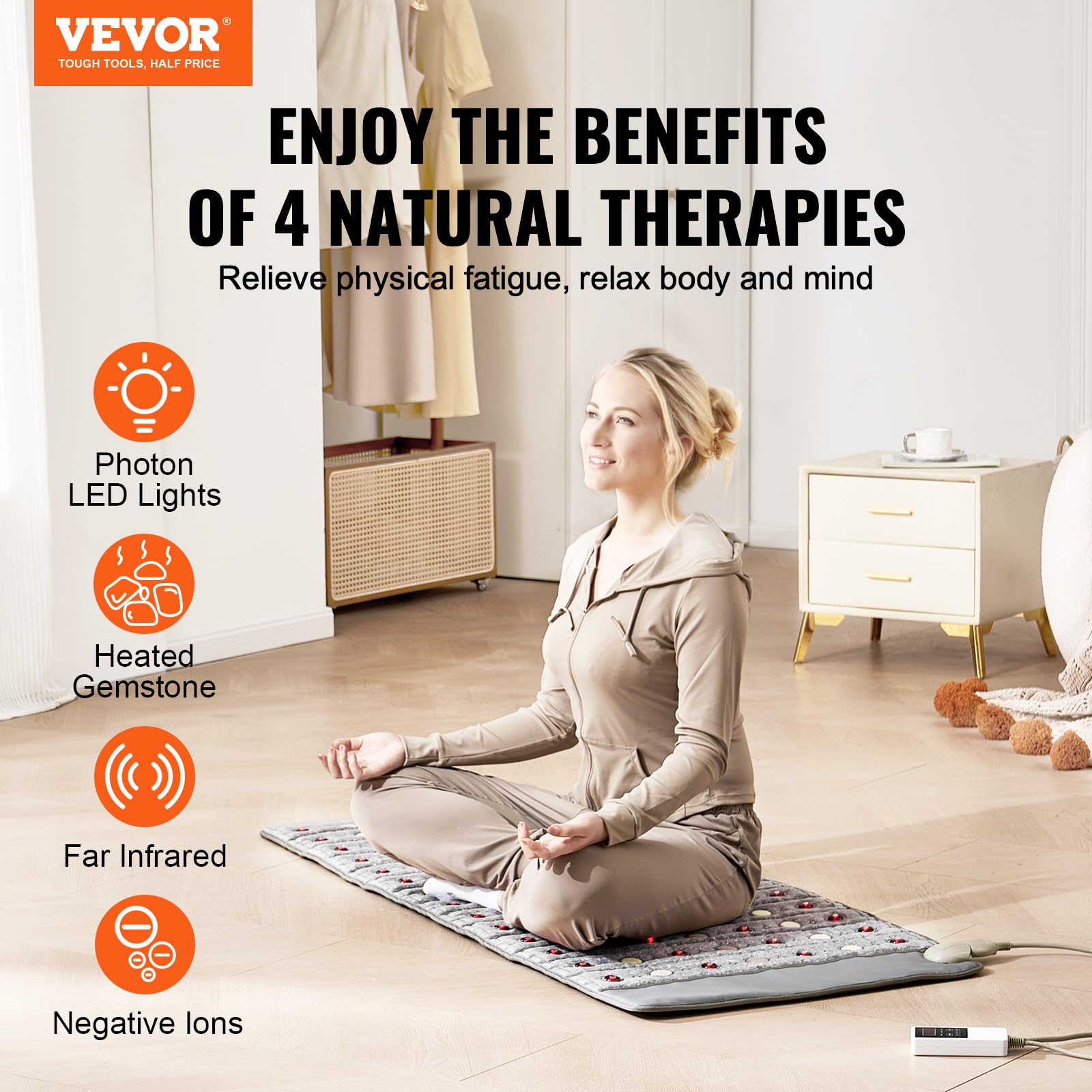VEVOR Far Infrared Heating Pad, Jade & Tourmaline Stones Heating Pad with 660nm Photon Light & Negative Ions, 103-159℉ Hot Gemstone Therapy Mat with 0-12 Hours Timer for Back Waist Shoulder (60"x24")