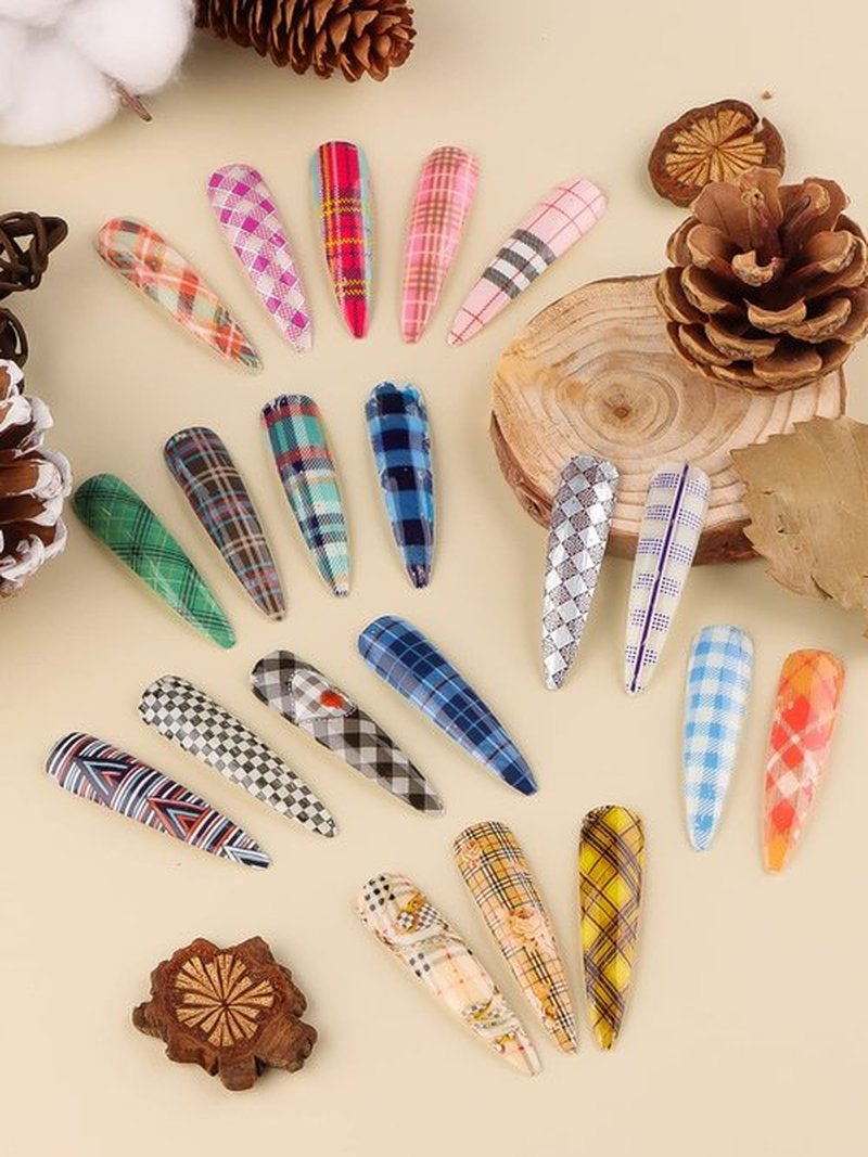 20 Sheets Buffalo Plaid Nail Foil Transfer Sticker, Kalolary Christmas Holographic Lines Foil Full Nail Wraps Decals for Winter DIY Nail Art