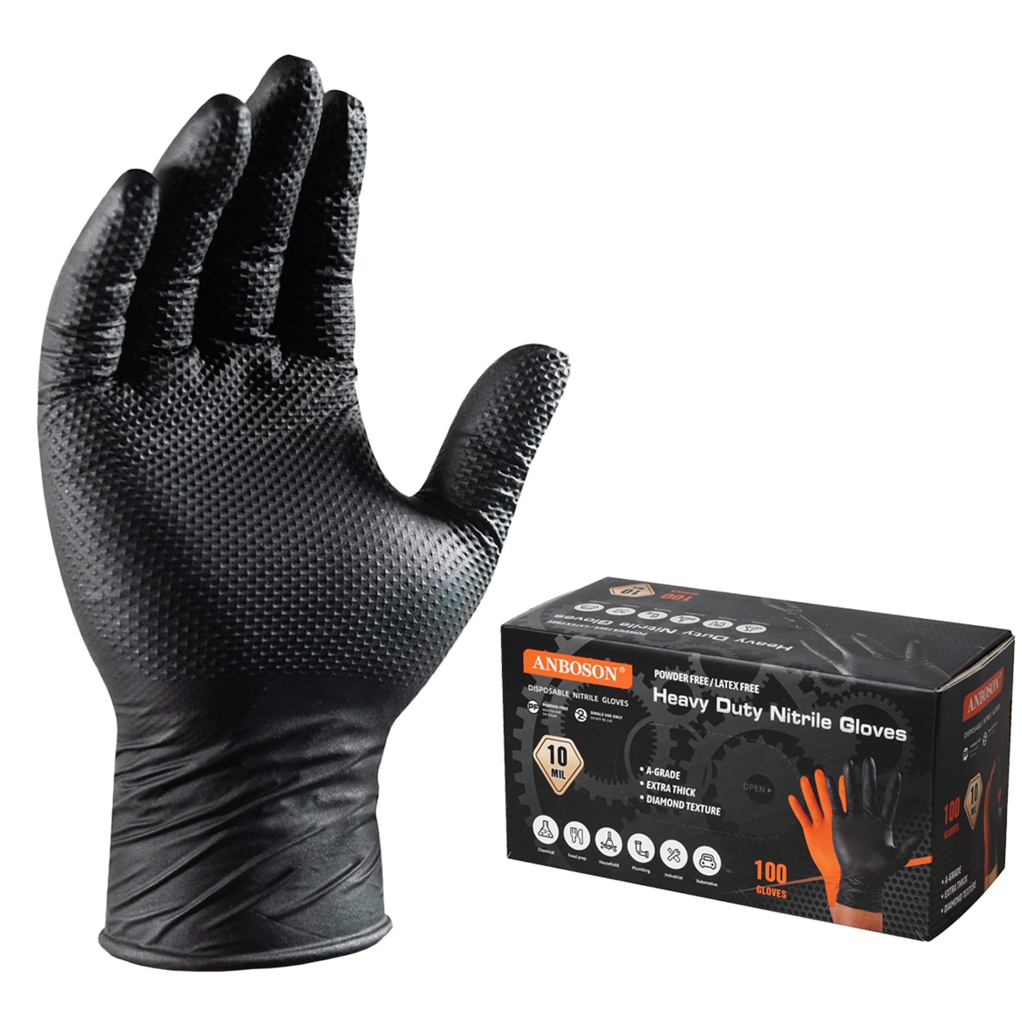 ANBOSON 10 Mil Diamond Textured Nitrile Gloves, Heavy Duty Disposable, Extra Thick, Latex & Powder Free, Chemical and Puncture Resistant, Ideal for Auto Repair, Cleaning, Painting, X-Large