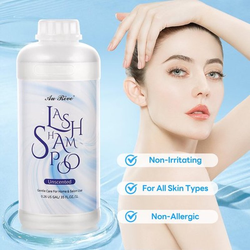 AuReve Lash Shampoo for Lash Extensions 1L/35fl.oz Eyelash Extension Cleanser Lash Cleaning Kit, Gentle Foaming Eyelash Shampoo with Brush and Wash Bottle for Salon Home Care Unscented