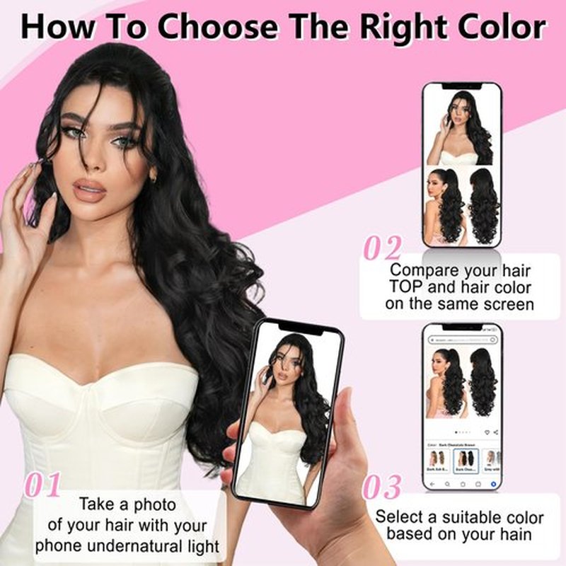 ALXNAN Ponytail Extension,24 Inch Claw Clip in Long Curly Wavy Black Ponytail Hair Extension Jaw Clip on Pony Tails Hairpiece for Women