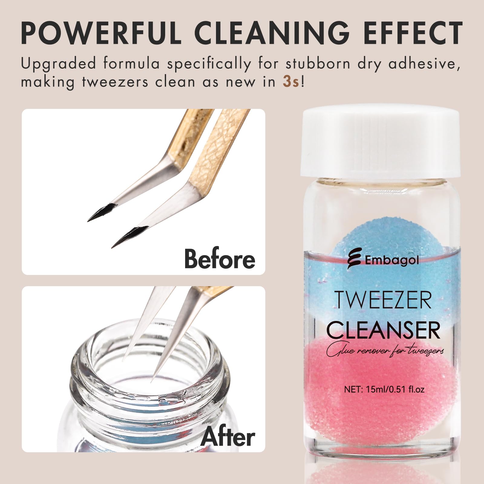 Embagol Tweezer Cleanser for Eyelash Extensions with Nail Wipes Lint Free Glue wipes Tweezers Glue Remover Liquid for Lash Tools with 2 Spongeballs Kit(2 Bottles Cleanser+1 Glue Wipes)