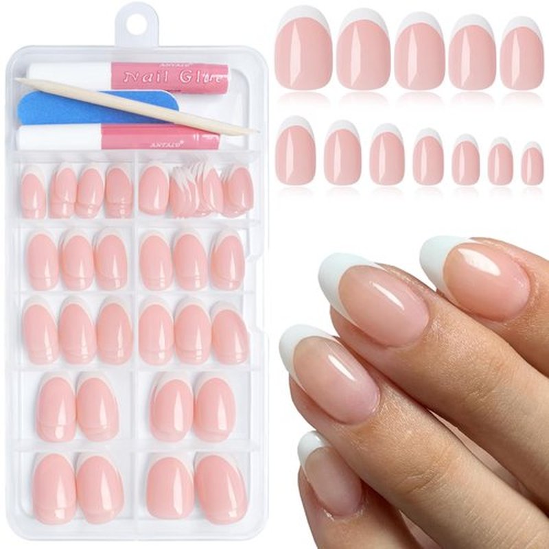 Bellelfin French Tip Press on Nails, 120Pcs Short Oval Fake French Nails Full Cover Nude French Nail Press ons with Glue Artificial French Short Nails for Women Girls Finger Nails Design