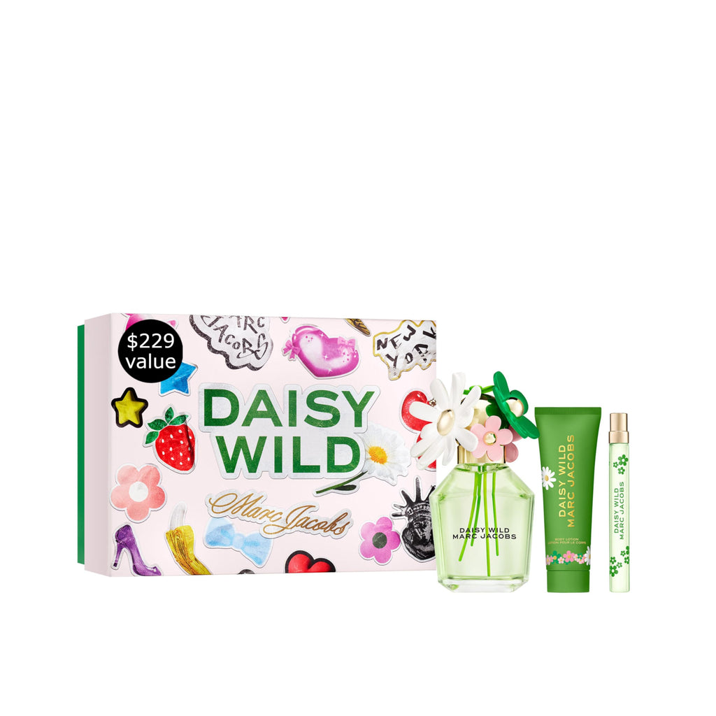 Marc Jacobs Daisy Wild EDP 3pc Gift Set ($229 value) -EDP 3.3oz, Body Lotion 2.5oz, Travel Spray 0.33 oz– With Notes of Banana, Jasmine & Macadamia Accord- Floral Women's Perfume