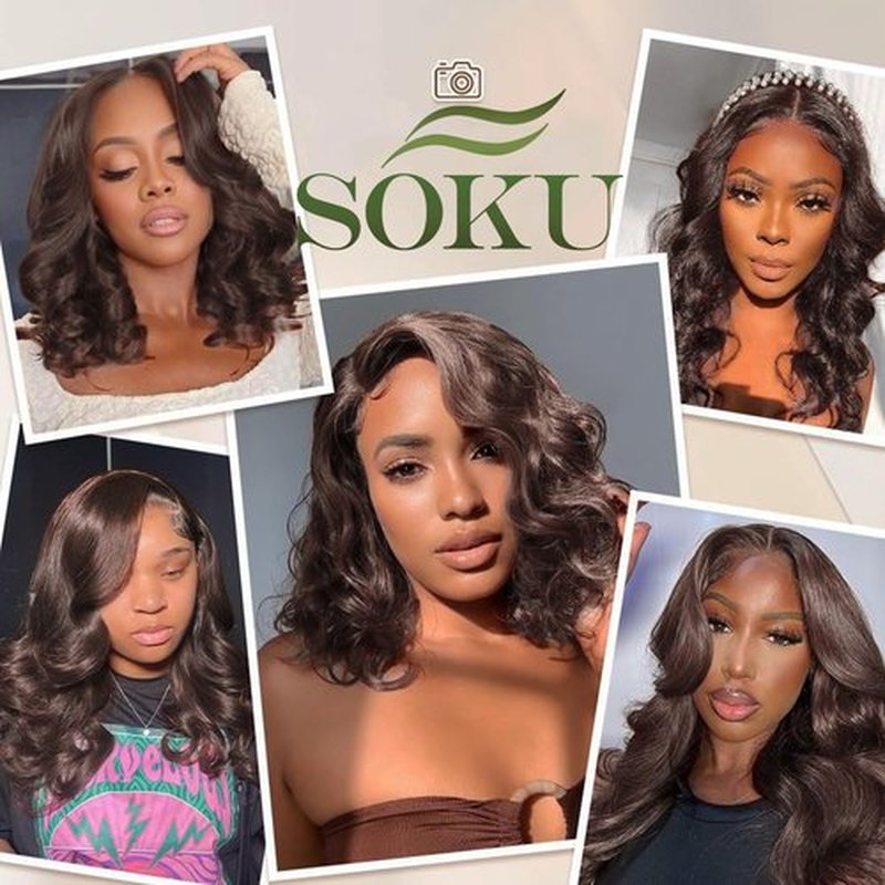 SOKU 13X6 Chocolate Brown Lace Front Wigs Pre Layered, 18 Inch Short Wavy Glueless Wigs Pre Plucked, Body Wave Synthetic Lace Front Wigs for Women