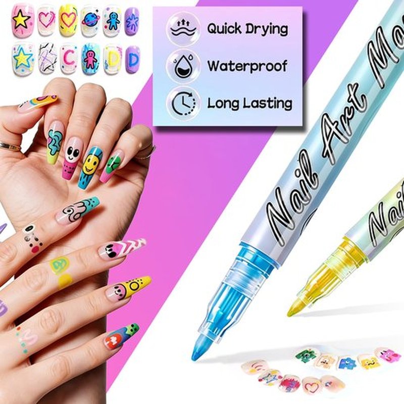 12 Colors Nail Art Pens Set - 0.7MM 3D Nail Polish Pens Acrylic Paint Pens Acrylic Nail Markers for Nail Art Drawing Painting Nail Point Dotting Tool Liner Pen Manicure Tools Design Kit for Home Salon