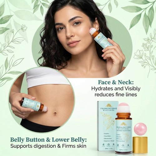 Frankincense and Castor Oil Rose Quartz Roller – Organic Cold-Pressed Castor Oil Frankincense Roller Ball with Rose Quartz for Face & Neck, Firms Skin Feel Soft Smooth & Brightens Eyes, 1.7 fl oz