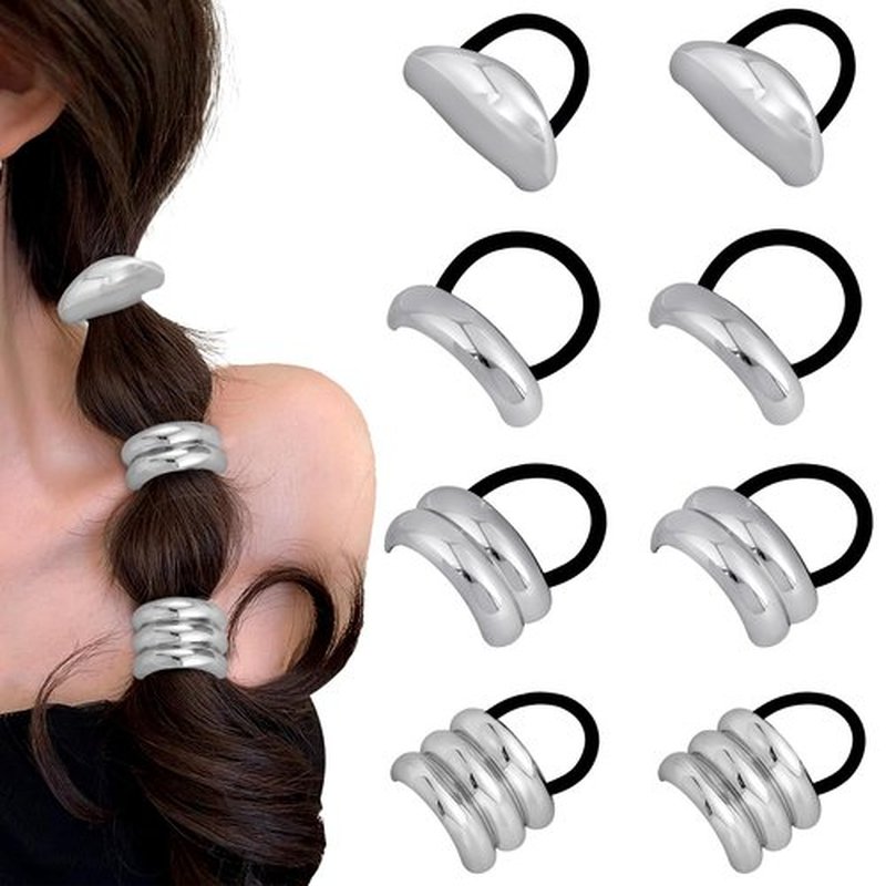 hisial 8Pcs Metal Geometric Elastic Hair Ties Non-Damage Ponytail Cuff Holders Fashion Hair Accessories for Women Hair Bands for Thick Hair(Silver Arc)