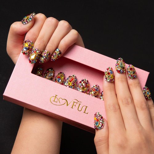 LOVFUL Press on Nails Precious | Handmade with Full Covered Crystals | Reusable Fake Nails | Almond Short 0.8 in | H175-M